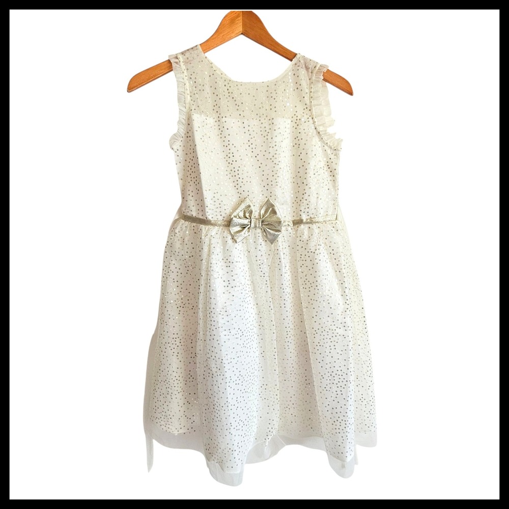 Jona Michelle Girls White Dress Party Sequin Sleeveless Bow Occasion Dress‎ 12